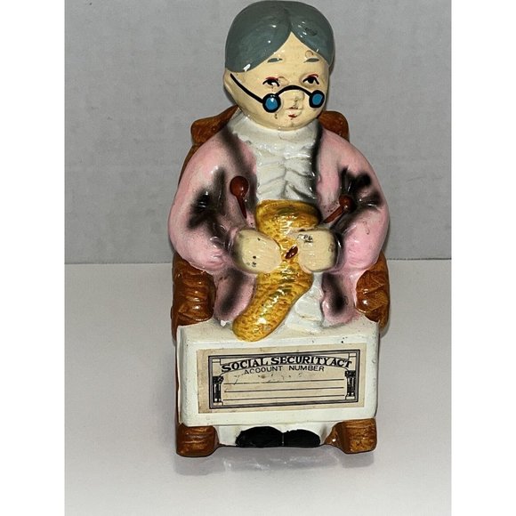 Vintage 1970s Made In Japan Grandma Ceramic  Coin Bank Rocking Chair SSN Fund - Picture 1 of 9